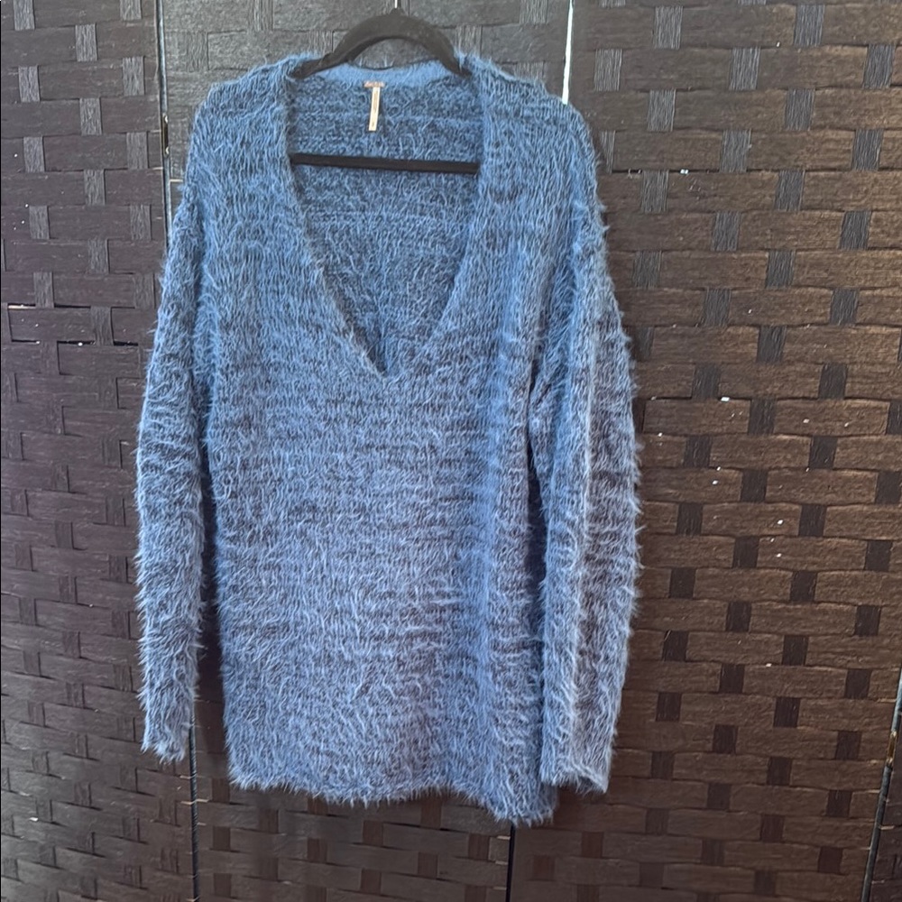 Free People Blue V-Neck Sweater with Textured Knit